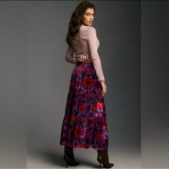 Nina Pace for Anthropologie Velvet Burnout Maxi Skirt Purple Red Floral Size S - Picture 3 of 14